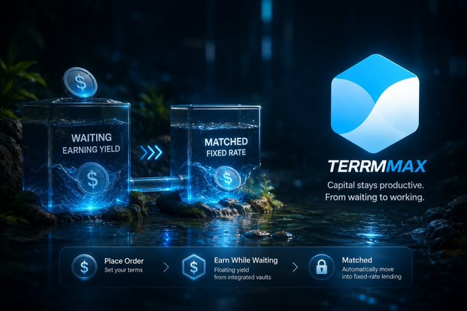 A promotional graphic for 'TERMMAX' showing blue holographic cubes labeled 'WAITING EARNING YIELD' and 'MATCHED FIXED RATE' with the tagline 'Capital stays productive. From waiting to working.'