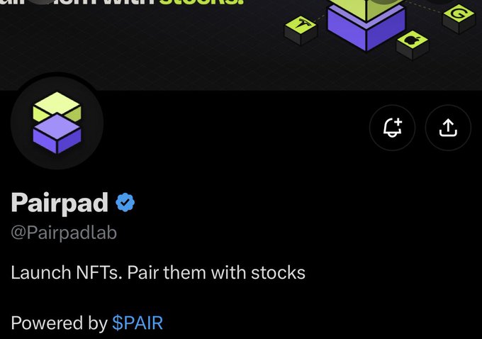 A Twitter profile page for "Pairpad" (@Pairpadlab) with a verified blue checkmark, featuring a logo of stacked purple and green cubes. The bio reads "Launch NFTs. Pair them with stocks" and "Powered by $PAIR," advertising the new NFT launchpad service described in the post.