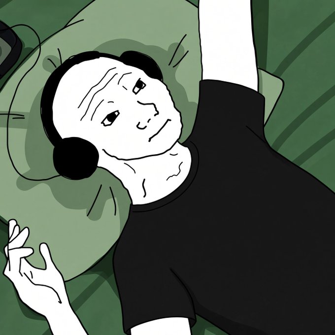 A black and white drawing depicts a bald man wearing headphones, lying on a green pillow with his arm raised.