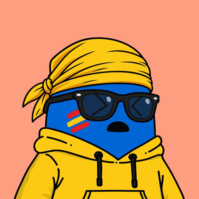 A cartoon illustration shows a blue, rectangular character wearing black sunglasses, a yellow hoodie, and a yellow bandana tied around its head, set against a solid peach background.