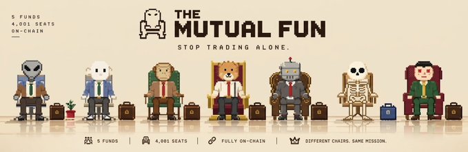 A banner for 'THE MUTUAL FUN - STOP TRADING ALONE' featuring pixel art characters including an alien, ghost, monkey, lion, robot, skeleton, and vampire, promoting '5 FUNDS, 4,001 SEATS, ON-CHAIN'.