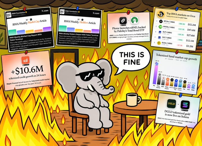 A meme featuring a cartoon elephant wearing sunglasses sitting calmly in a chair saying 'THIS IS FINE' while surrounded by flames, surrounded by various crypto news headlines about RWA Foundation, Plum Finance, and tokenized gold markets.