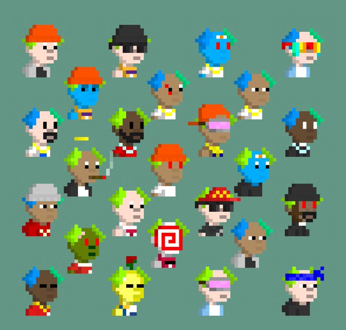 A grid of pixel art character portraits featuring various fantasy races and classes, including humans, elves, demons, and undead, each with different colored hair and headwear.