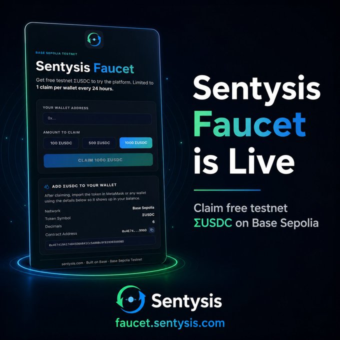 The image features a cell phone displaying an advertisement for a new cryptocurrency called "Sentysis" that has been launched on Base Sepolia. The advertisement highlights the fact that the coin is not a real token, as it is just a testing tool or beta version of the coin. It also mentions that every vote counts and emphasizes the capital-backed nature of the coin. The text in the image reads "Sentysis" followed by "USDC" and "base septica".