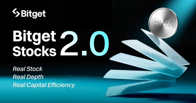 The image features a poster for Bitget Stock 2.0 that includes a coin and a stack of money. The text on the poster reads "Real stock depth real capital efficiency" which suggests that the platform offers both depth and capital efficiency, allowing users to invest in stocks with ease.