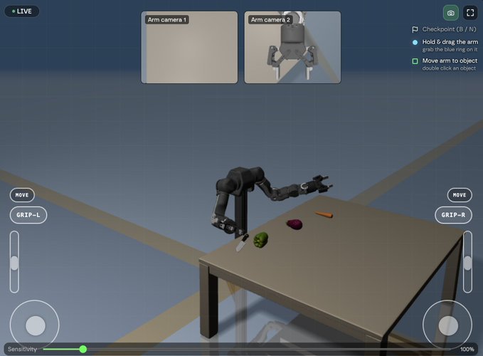 A screenshot of a robot arm simulation game showing a dual-arm control interface with a live camera feed, virtual joysticks for movement and grip control, and a table with vegetables to manipulate.