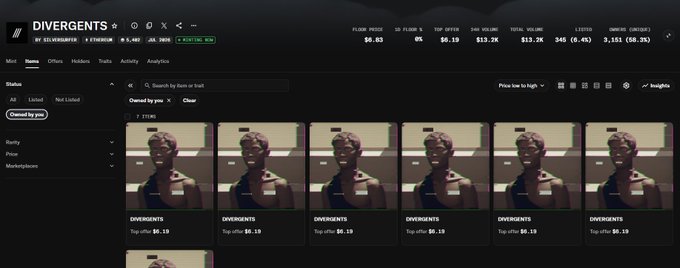 An NFT marketplace interface for a collection called 'DIVERGENTS', showing multiple identical pixel art portraits of a shirtless man in a cap, all listed with a top offer of $0.19.