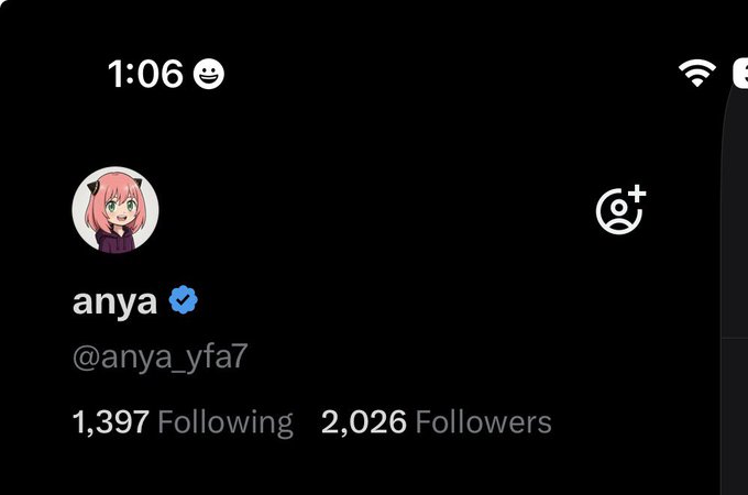 Screenshot of an X (Twitter) profile for 'anya' (@anya_yfa7) with a verified checkmark, pink-haired anime avatar, 1,397 following, and 2,026 followers.