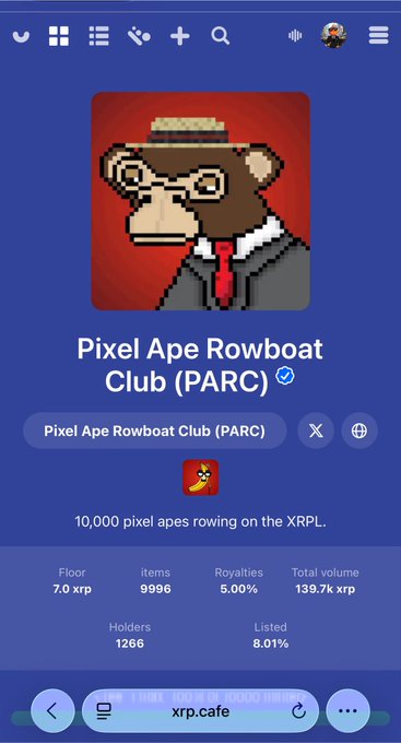 A mobile screenshot showing the 'Pixel Ape Rowboat Club (PARC)' NFT collection on xrp.cafe, featuring a pixel art monkey in a suit with statistics: floor 7.0 xrp, items 9996, royalties 5.00%, total volume 139.7k xrp, holders 1266, listed 8.01%.