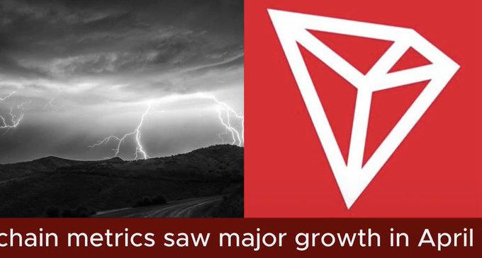 The image features two different scenes with a red triangle symbolizing the cryptocurrencyTRON logo and a lightning bolt symbolizing a thunderstorm. The background of both images is black, making the colors of the symbols stand out prominently. Below these symbols, there's text that reads "chain metrics saw major growth in April" and "TRON Network Activity Shows Sustained On-Chain Growth in April". This suggests that the TRON network has experienced significant growth during the month of April, as indicated by the on-chain data shared by @luganodes.