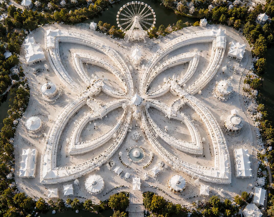The image features an aerial view of a large white building with a unique butterfly shape, surrounded by trees and other buildings. The building appears to be a museum or art gallery, as indicated by its architectural design. The photo also contains text that reads "One detail that stands out about @quipnetwork is how ideas move freely across the team." This suggests that the image might have been taken at Quip Network, an organization known for fostering creativity and collaboration among its members.