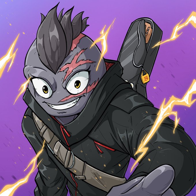 The image features a character with spiky hair, dressed in black clothing, and holding a backpack. The background of the image is purple with lightning bolts streaking across it. The caption reads "BIG UPDATE FROM THE TEAM We just secured @BankFiOfficial allocation - 50/50 split between BTC Mining and WMT Vertical". This suggests that the character might be involved in cryptocurrency mining or trading, as they are holding a backpack which could contain tools for mining or trading.