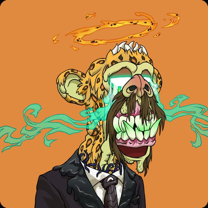 urn of fire with a halo, surrounded by green and orange flames, with a leopard-like figure wearing a black suit and tie against an orange background.