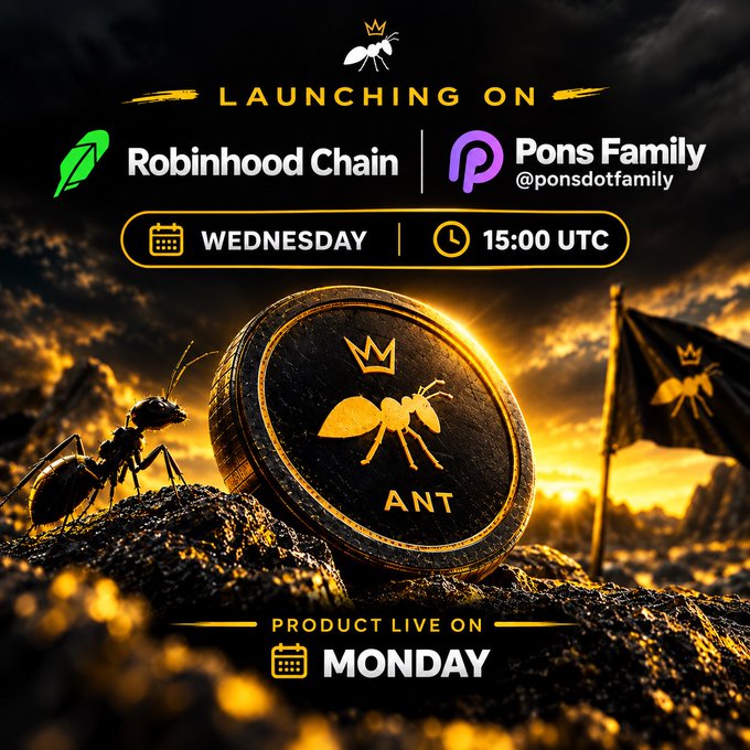 A promotional graphic for a crypto token launch, featuring an ant on a coin and text reading 'LAUNCHING ON Robinhood Chain | Pons Family @ponsdotfamily', 'WEDNESDAY 15:00 UTC', and 'PRODUCT LIVE ON MONDAY'.