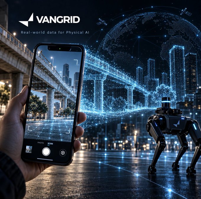 A promotional graphic for 'VANGRID' showing a smartphone scanning a bridge as it projects a digital twin toward a robot dog, captioned 'Real-world data for Physical AI'.