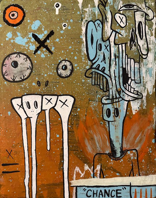 An abstract, graffiti-style painting on a gold and brown background features stylized figures with X-ed out eyes, eyeballs, and the word 'CHANCE' at the bottom.