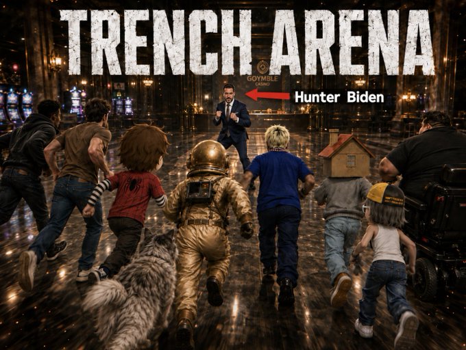 The image features a poster for "Trench Arena" with a group of children running through a casino, accompanied by an adult figure dressed as Hunter Biden. The poster also includes text that reads "Hunter Biden", indicating the character's role in the movie.