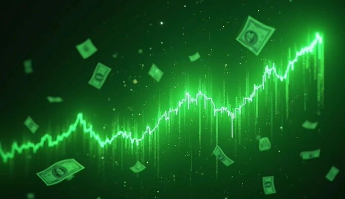 A green stock chart showing an upward trending line graph with floating US dollar bills against a dark green background.