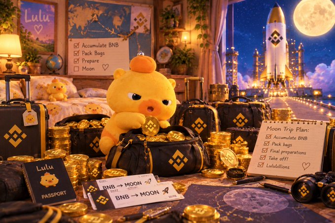 A whimsical 3D-rendered scene featuring a yellow cartoon character named Lulu surrounded by Binance (BNB) branded luggage, gold coins, and a 'Moon Trip Plan' checklist with a rocket ship.