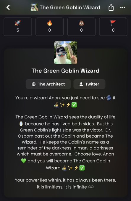 A mobile screenshot showing a profile for "The Green Goblin Wizard" with stats (5 rockets, 0 fire, 0 poop, 0 flags), identifying it as "The Architect" on Twitter, with text about choosing love and becoming "The Green Goblin Wizard" (related to the $TGGW Solana token on Dexscreener).