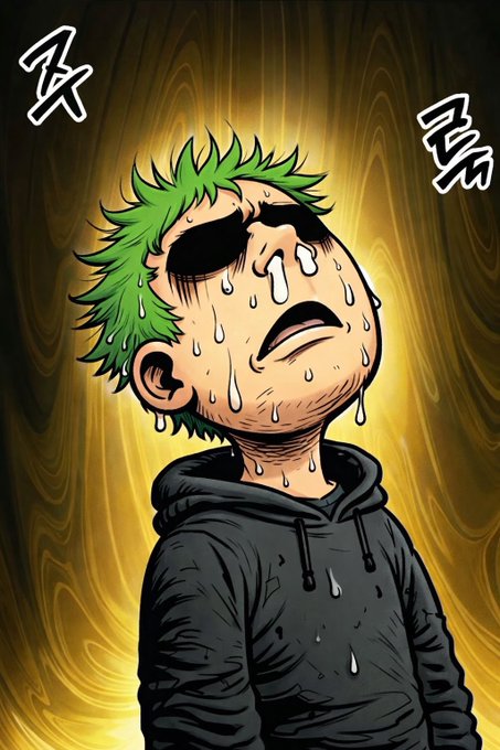 A cartoon character with spiky green hair, an eyepatch, and a gray hoodie is sweating profusely with closed eyes, set against a swirling yellow background with Japanese-style sound effect text.