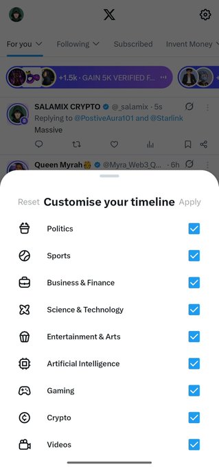 A mobile screenshot of the X (Twitter) app showing a 'Customise your timeline' menu with category options including Politics, Sports, Crypto, and Gaming.