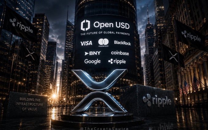 A promotional image for Ripple's 'Open USD' initiative, set in a nighttime cityscape, showcasing partners including Visa, Mastercard, BlackRock, BNY, Coinbase, Google, and Ripple, with the Ripple logo prominently displayed.