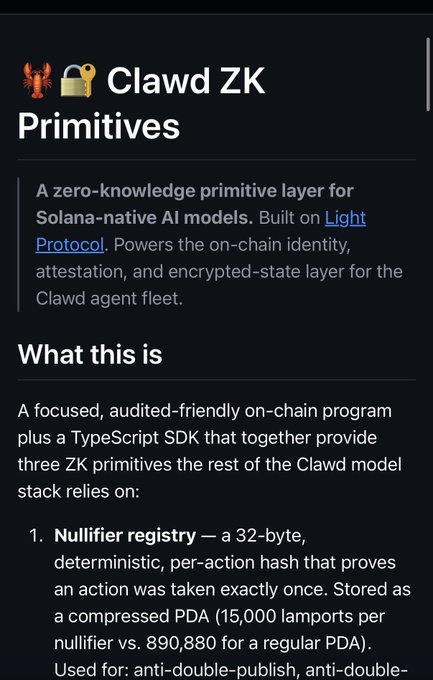 Documentation describing "Clawd ZK Primitives" — a zero-knowledge primitive layer for Solana-native AI models built on Light Protocol, detailing a nullifier registry that prevents double-publish actions.