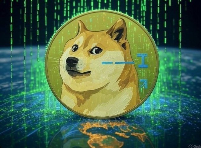 A Dogecoin (DOGE) cryptocurrency coin featuring the iconic Shiba Inu dog is displayed against a Matrix-style green digital rain background, visually representing the post's sentiment about constantly thinking about Dogecoin through its immersive, all-encompassing digital aesthetic.