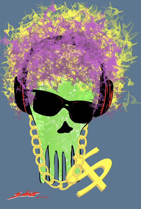 A stylized digital illustration features a green skull wearing sunglasses and headphones with a gold chain, surrounded by yellow and purple flames, with a yellow dollar sign and red signature in the corner.