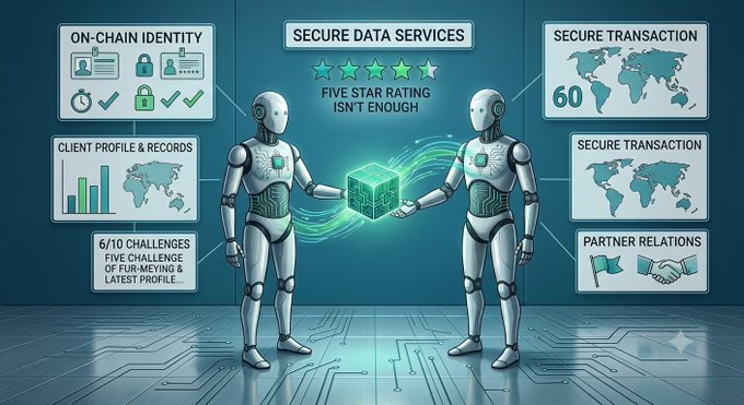An infographic showing two robots holding a digital block, surrounded by panels labeled "ON-CHAIN IDENTITY," "SECURE DATA SERVICES," "SECURE TRANSACTION," "CLIENT PROFILE & RECORDS," and "PARTNER RELATIONS," with text stating "FIVE STAR RATING ISN'T ENOUGH."