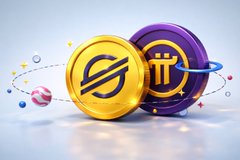 Two shiny coin tokens featuring the Stellar (XLM) logo and a "T" symbol orbit each other against a cosmic backdrop, visually representing blockchain-based digital assets and cross-border currency interoperability central to the post's discussion of Stellar's blockchain infrastructure for central bank and CBDC initiatives.