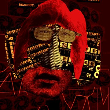 A red-tinted artistic collage featuring a stylized face with sunglasses and prominent lips overlaid with numbers and partial text including 'READOUT:'.
