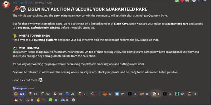 The image features a screenshot of a website that displays an auction for an "Eigen Key". The auction seems to be related to securing rare items, possibly digital assets or rare documents, as indicated by the text displayed within the webpage. The auction is scheduled to take place in less than an hour and will involve the submission of bids from true supporters who have a specific interest in acquiring the EIGEN KEY for their own use or as a collector's item.