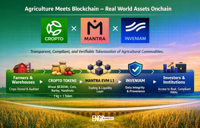 The image showcases a partnership between Cropto, MANTRA, and Inveniam, titled "Agriculture Meets Blockchain – Real World Assets Onchain," illustrating a five-step process: crops are stored and audited by farmers and warehouses, tokenized as CROPTO tokens (where 1 kg = 1 token, including wheat $CROW, corn, barley, and hazelnuts), traded and provided with liquidity on the MANTRA EVM L1 layer, verified for data integrity and provenance by Inveniam, and finally made accessible to investors and institutions as compliant real-world assets (RWAs). It visually reinforces the post's message about bringing traditional agricultural value onto the blockchain for greater transparency and institutional accessibility.