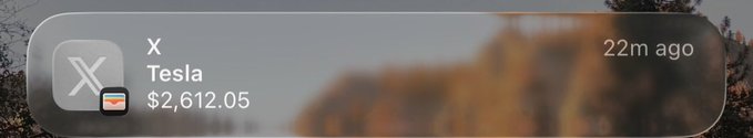 A stock ticker for Tesla ($TSLA) shows a price of $2,612.05 from 22 minutes ago, likely illustrating the post's reference to paying for new Cybertruck-themed shoes with "XMoney," implying the Tesla stock gains funded the purchase.