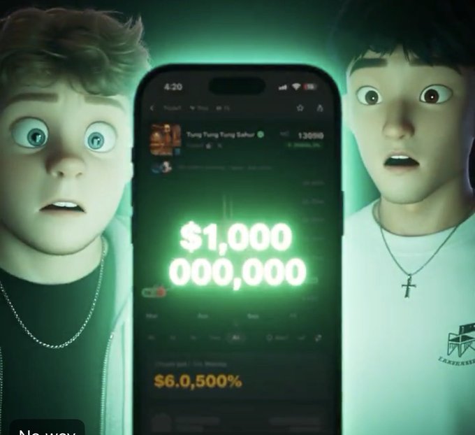 Two wide-eyed, shocked cartoon characters stare at a smartphone screen displaying a glowing "$1,000,000,000" alongside a meme token labeled "Tung Tung Tung Sahur" with a "$6,0,500%" gain, humorously illustrating the post's claim that "Triple T will create millionaires" by exaggerating the potential payout to absurd billionaire levels.