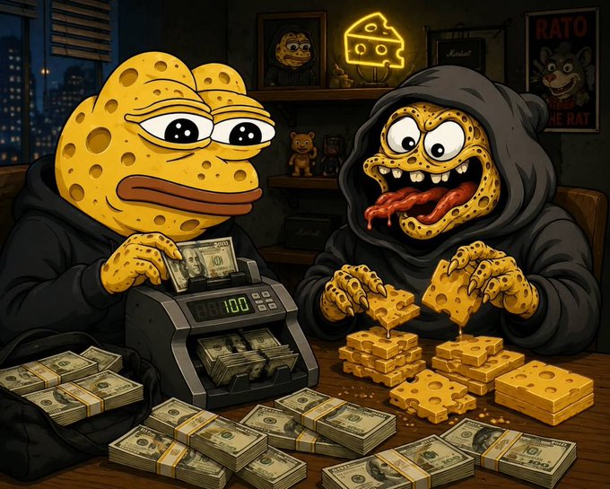 A cartoon-style illustration of two anthropomorphic cheese characters, one counting stacks of dollar bills and the other drooling over a pile of gold cheese bars.