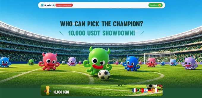 The image features an advertisement for PredictFi's World Cup markets. The poster displays a soccer field with various colored characters representing different teams or players. There are at least 13 of these characters, each showcasing unique colors and designs. The text on the poster encourages viewers to participate in a 10,000 USDT prediction competition, where they can stack 100 USDT per day for seven days straight. This competition is open until the next round of matches begins, providing an exciting opportunity for those interested in predicting sports outcomes.