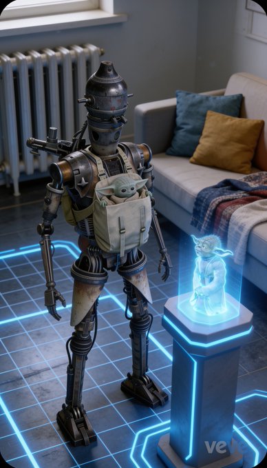 The image features a robot with a baby strapped to its back, standing next to a glass display case containing a figurine or statue of Yoda from Star Wars. The scene takes place in front of a couch, creating an atmosphere reminiscent of a living room setting. The caption for this image reads "Some collectibles are rare. Some are worth protecting. A few days later, IG-11 is still on duty. My Secret Rare Yoda remains under the best protection in the galaxy. Just a fan-made tribute to two of my favorite collectibles. Nothing official. Just collector fun."
