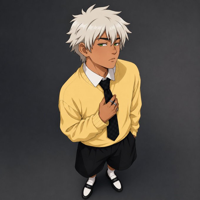 The image features a young boy wearing a yellow sweater, black shorts, and white shoes with a tie around his neck. He has short hair and is looking up at something above him. The background of the image is dark gray, which contrasts with the bright colors of the boy's outfit. There are no other objects or people in the scene, making it a simple yet striking composition that highlights the main subject - the young man standing against the dark backdrop.