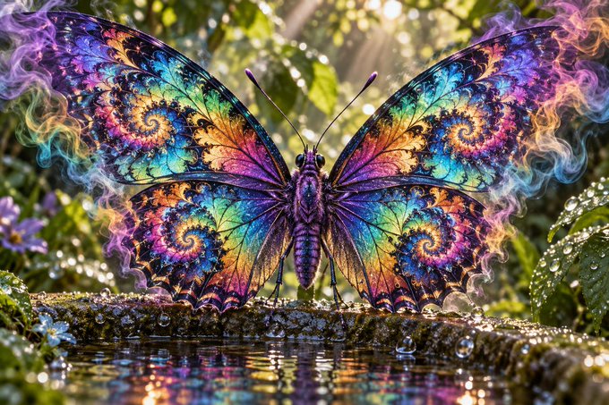 A vibrantly colored, psychedelic butterfly with intricate fractal patterns rests on a wet surface surrounded by greenery.