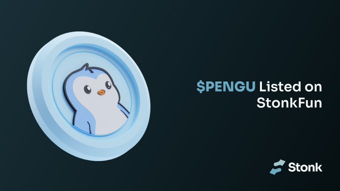 A promotional graphic featuring a cartoon penguin character on a light blue circular badge, announcing that "$PENGU Listed on StonkFun" alongside the Stonk logo, relating to the post's news about buying memecoins paired with PENGU on the Solana platform.