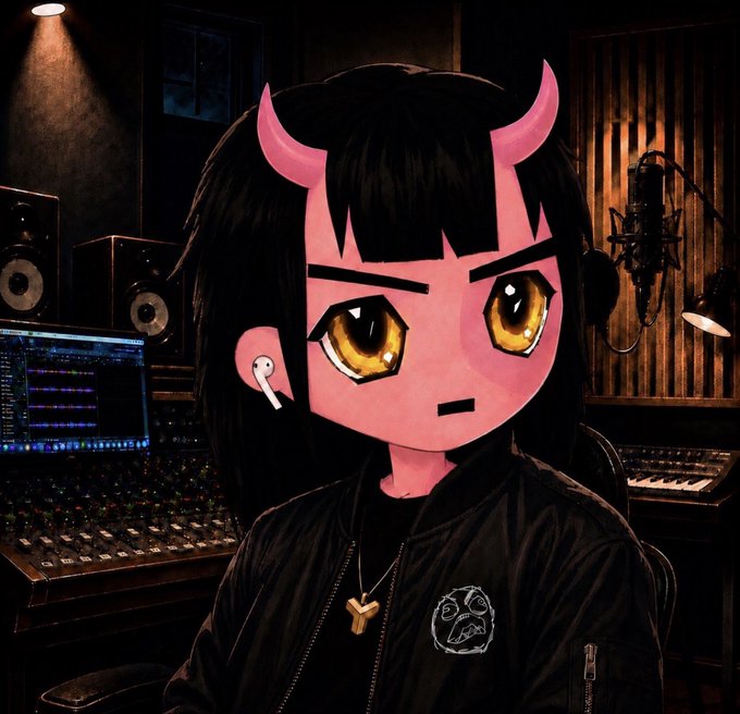 A stylized illustration of a pink demon-like anime character with horns and yellow eyes wearing a black jacket, positioned in a dimly lit recording studio with mixing equipment and a microphone.