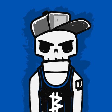 A digital illustration of a skull character wearing a cap and a black tank top featuring a stylized 'M' logo, set against a blue background.