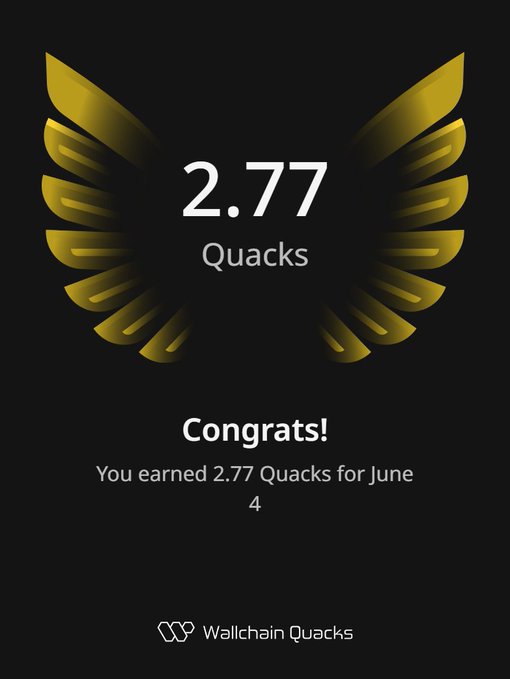 The image features a poster with an illustration of a bird's wing, which has the number "2.77 Quacks" written below it. This indicates that someone has earned 2.77 Quacks for their achievements or accomplishments within the context of the Wallchain Quacks community. The poster also includes a congratulatory message and a link to the Wallchain Quacks website, where users can learn more about the community and potentially earn more Quacks in return for their contributions.