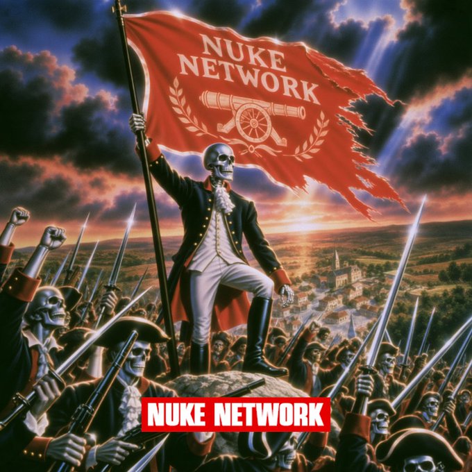 The image depicts a skeletal revolutionary figure in 18th-century military attire planting a red flag emblazoned with "NUKE NETWORK" above a vast army of armed skeletons, with the text "NUKE NETWORK" displayed prominently at the bottom. The bold visual imagery reinforces the post's rebellious tone, portraying the Nuke Network community as an unstoppable, battle-ready force united under its banner.