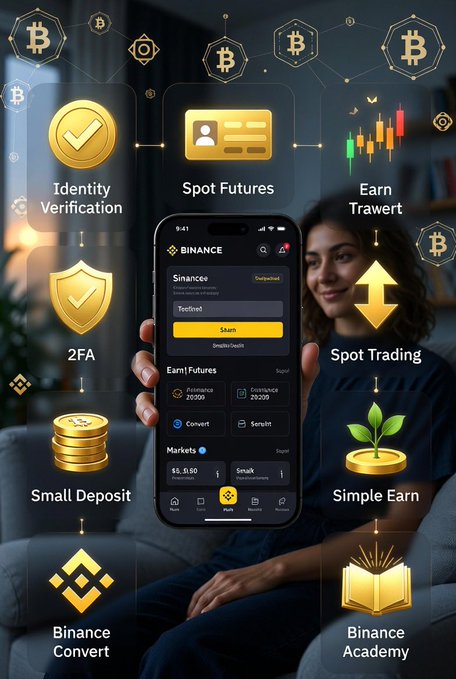 An informational graphic about Binance cryptocurrency exchange showing features like Identity Verification, Spot Futures, Earn, 2FA, Spot Trading, Small Deposit, Simple Earn, Binance Convert, and Binance Academy.