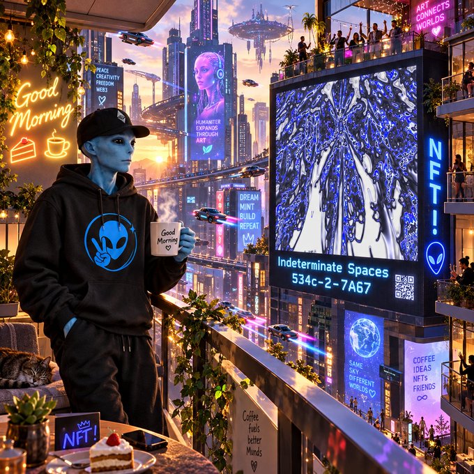 A cyberpunk-style digital artwork features a blue-skinned alien holding a 'Good Morning' mug, overlooking a futuristic city with neon signs including 'NFT!', 'Indeterminate Spaces', and 'PEACE CREATIVITY FREEDOM'.