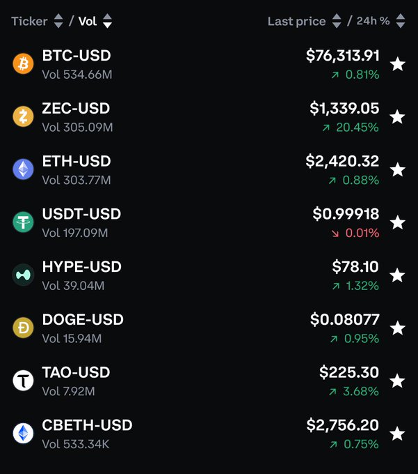A cryptocurrency market dashboard on a black background displaying tickers including BTC-USD ($76,313.91), ZEC-USD ($1,339.05), ETH-USD ($2,420.32), USDT-USD ($0.99918), HYPE-USD, DOGE-USD, TAO-USD, and CBETH-USD with their 24h percentage changes.